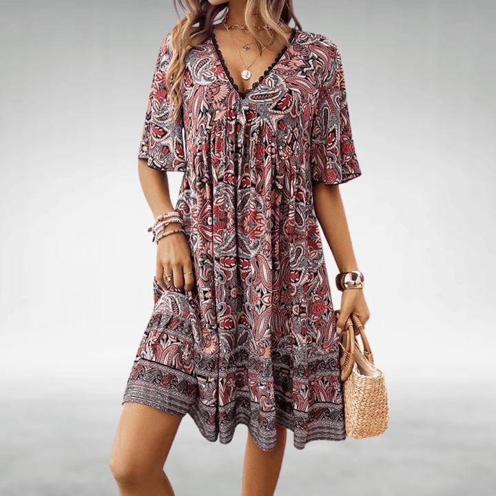 Farbenfrohes Damen Sommerkleid im Boho-Stil, V-Ausschnitt Midikleid mit elegantem Paisley-Muster.