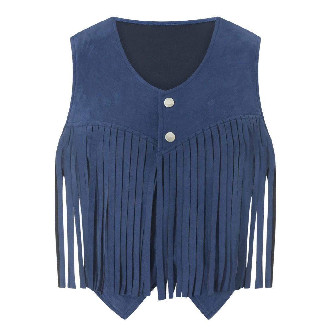 Frontansicht der Damen Fransenweste im Boho Stil, vielseitig kombinierbar für einen modischen Look.