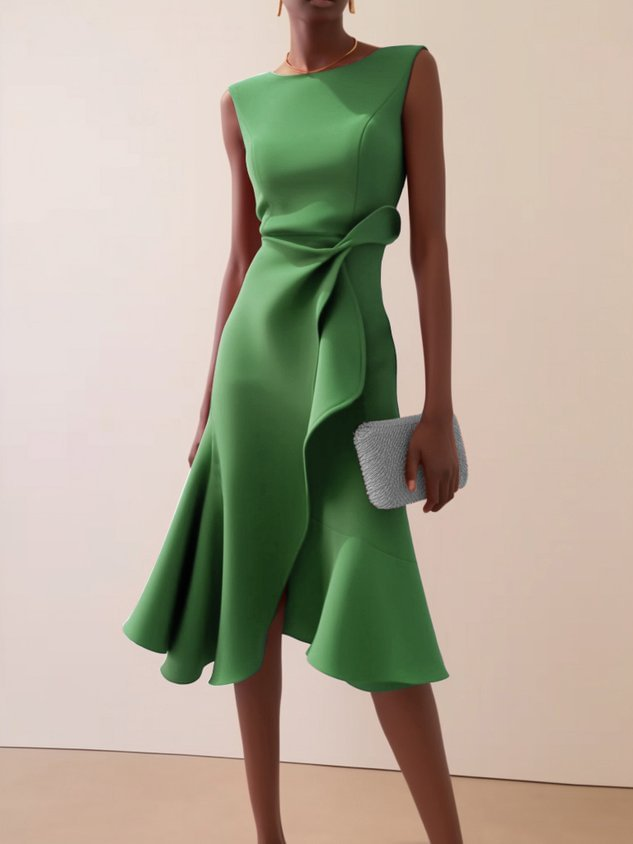 Modernes asymmetrisches Damen-Midikleid, elegant drapiert, perfekt für Sommerfeste und Abende.