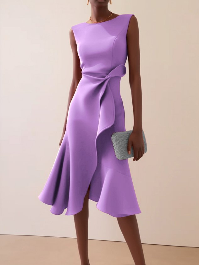 Asymmetrisches, drapiertes Damen-Midikleid in elegantem Design, ideal für festliche Sommerpartys.