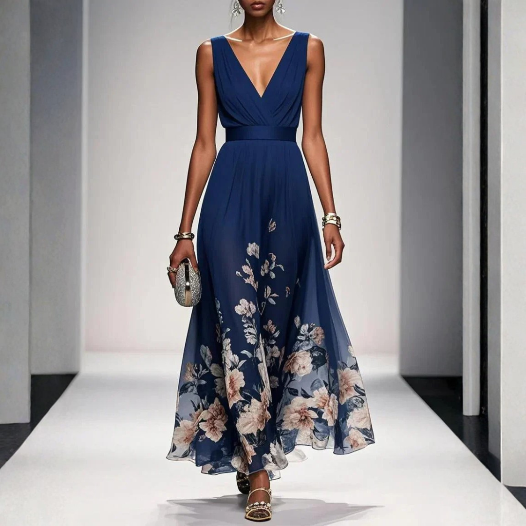 Damen elegantes Blumen Maxikleid. Perfekt als Sommerkleid für Hochzeitsgäste & festliche Anlässe.