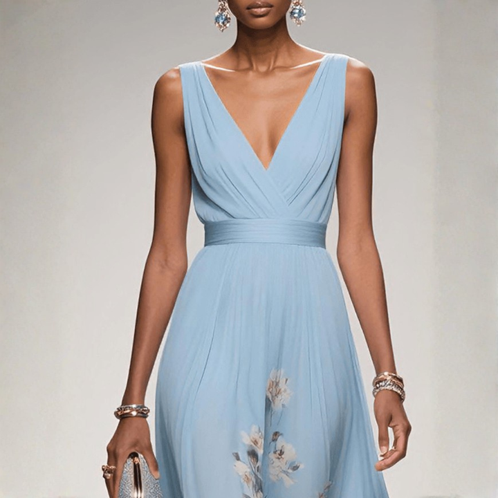 Elegantes Damen Sommerkleid mit floralem Design. Maxikleid als Hochzeitsgastkleid & Partykleid.