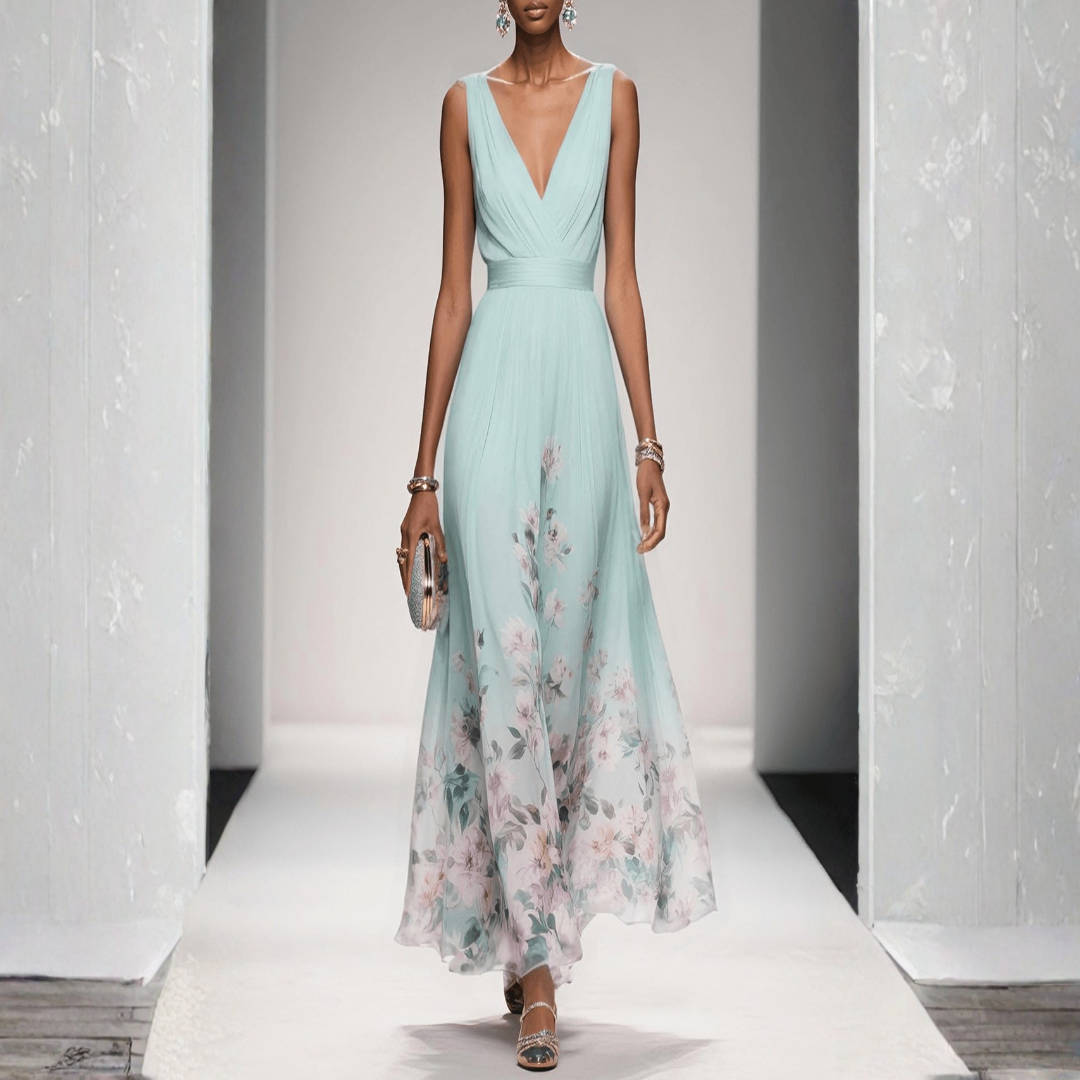 Elegantes Blumenmuster Maxikleid für Frauen. Festliches Abendkleid, perfekt für Sommerhochzeiten.