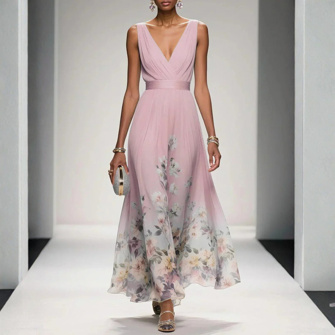 Luftiges Damen-Maxikleid mit Blumenprint. Schönes Sommerkleid & Partykleid für Hochzeitsgäste.