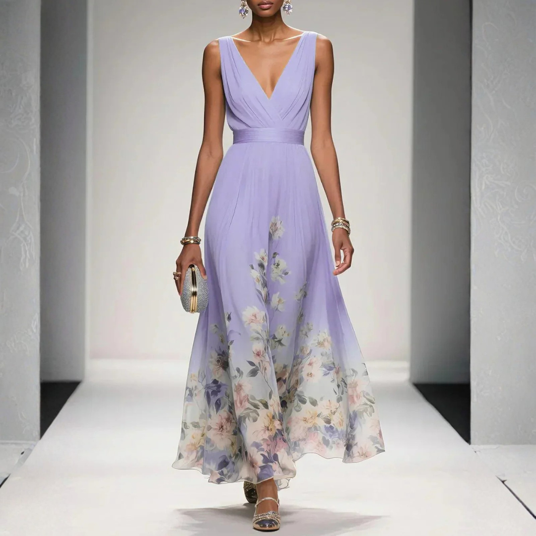 Stilvolles, langes Damenkleid mit Blumen. Perfekt als elegantes Sommerkleid für Hochzeitsfeiern.