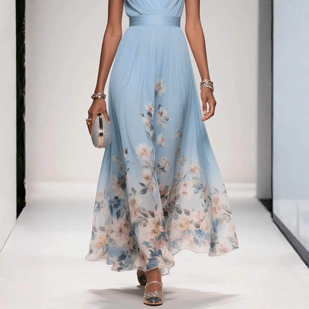 Elegantes Blumen-Maxikleid für festliche Anlässe. Fließendes Damen Sommerkleid für Hochzeitsgäste.