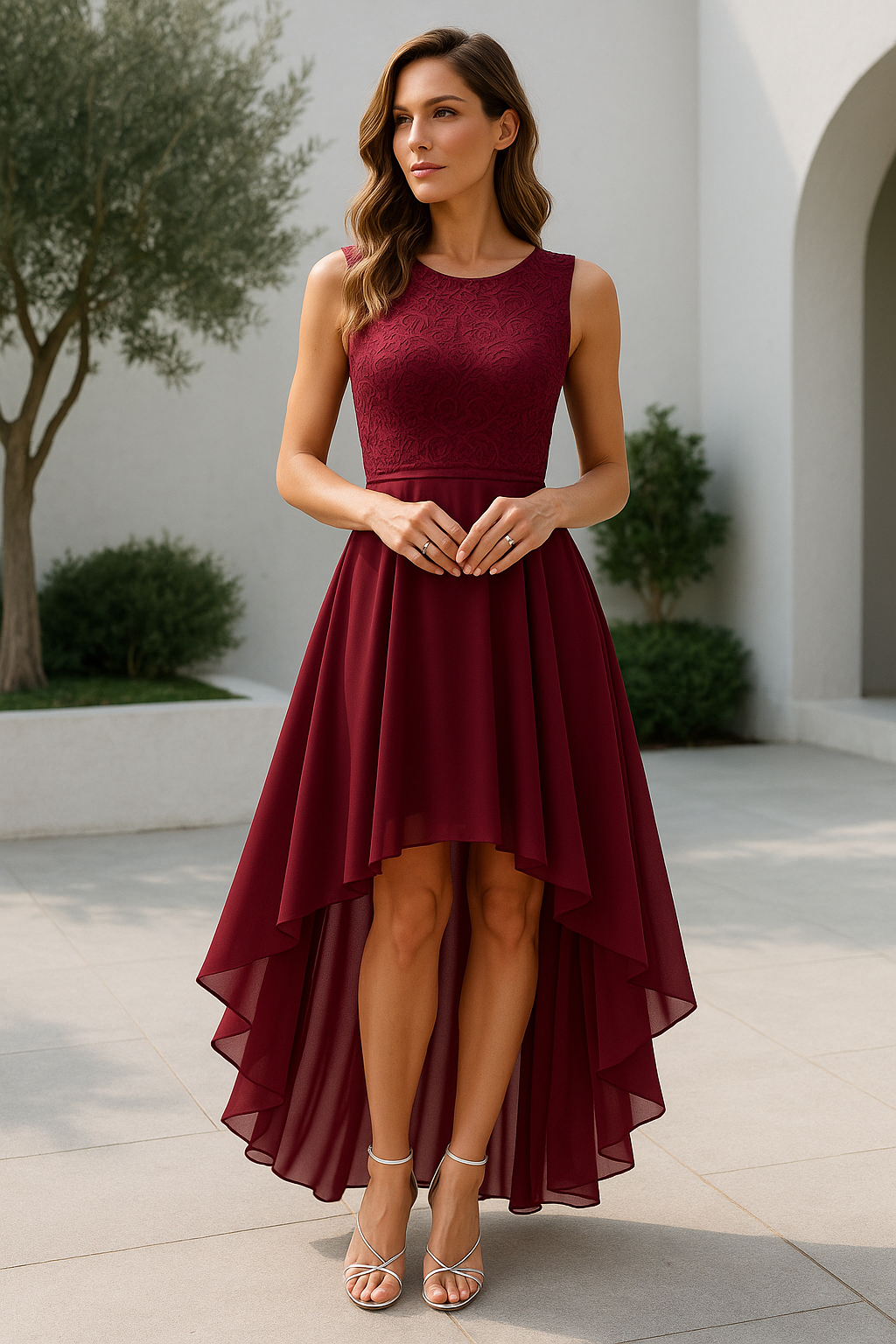 Elegantes fließendes Damen Midikleid für Hochzeitsgäste in zeitlosem Design.