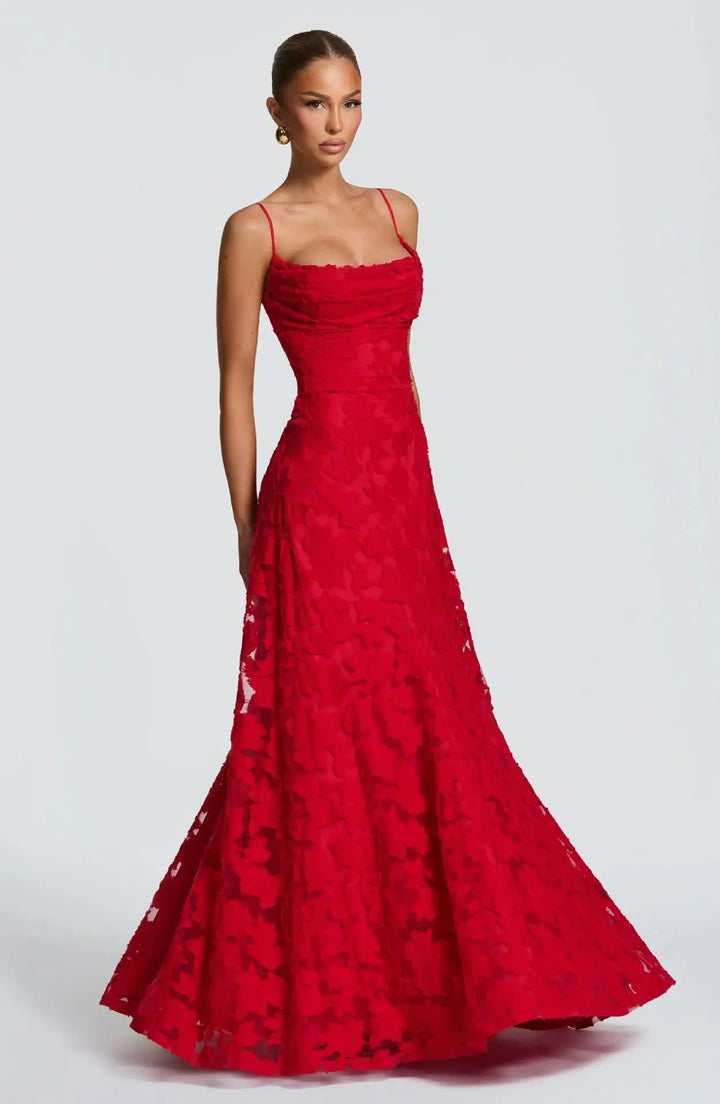 Modernes Damen Cocktailkleid in Maxi-Länge, mit schöner Stickerei und A-Linie.
