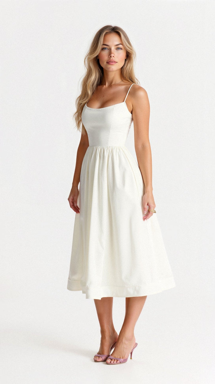 Model trägt das elegante ärmellose Klara Midi-Kleid. Perfekt gestylt für festliche Herbstanlässe und Abendmode.