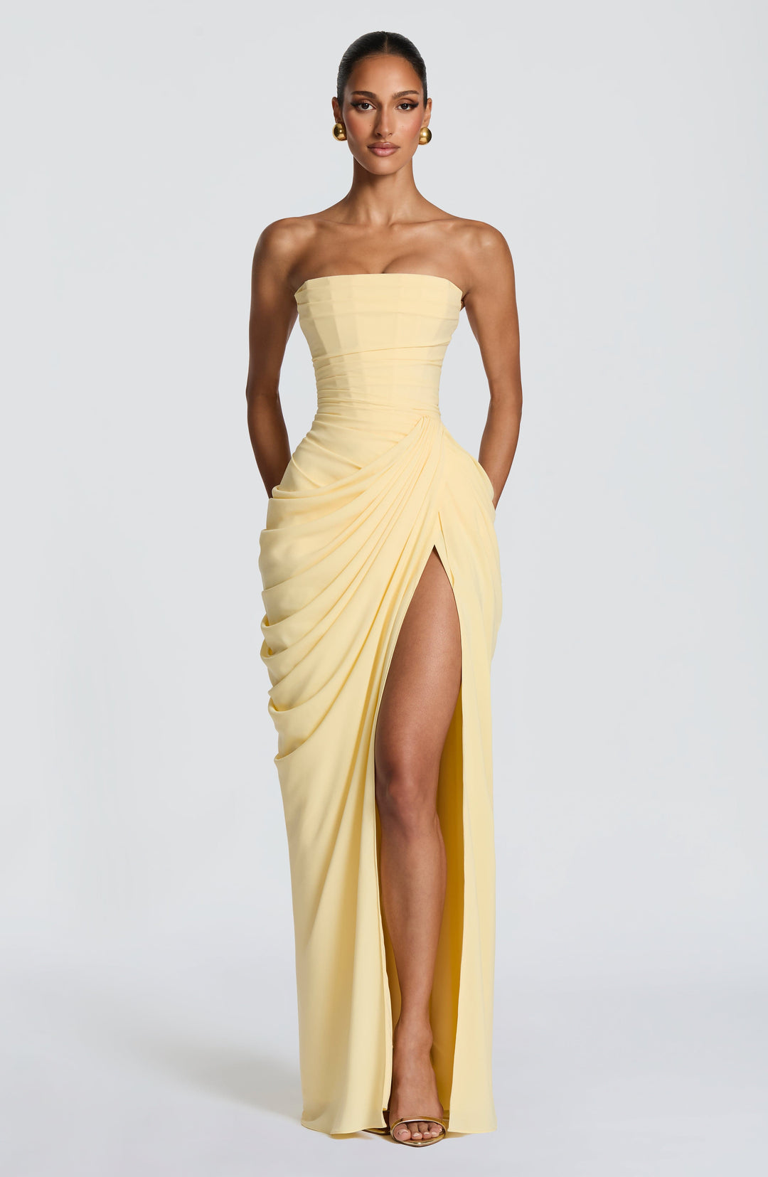 Damen elegantes trägerloses Korsett Maxikleid mit Schnürung, seitlicher Beinschlitz.