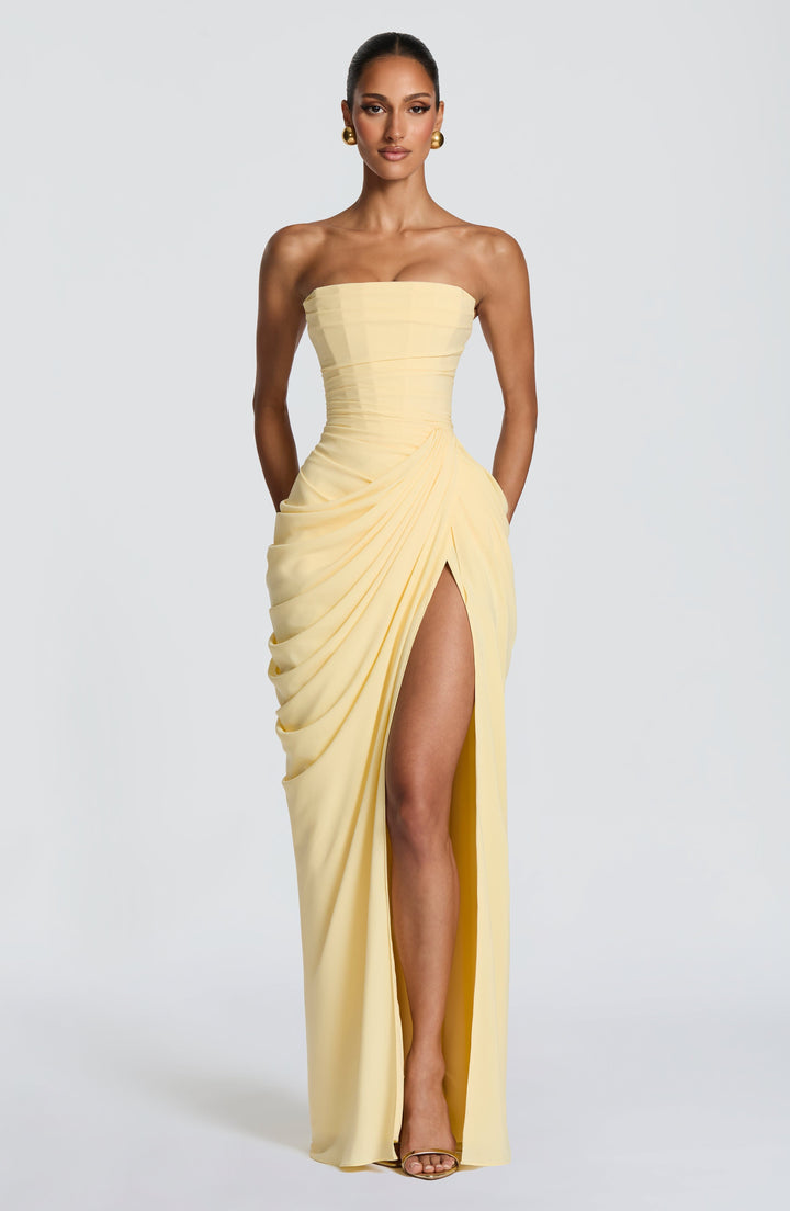 Damen elegantes trägerloses Korsett Maxikleid mit Schnürung, seitlicher Beinschlitz.