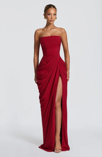 Besonderes Anlass Kleid: trägerloses Korsett Maxikleid, elegant mit Schnürdetail & Beinschlitz.