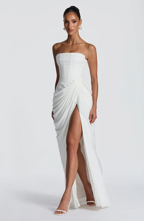 Auffälliges trägerloses Abend Maxikleid, Korsett-Design mit Schnürung, fließender Rock.