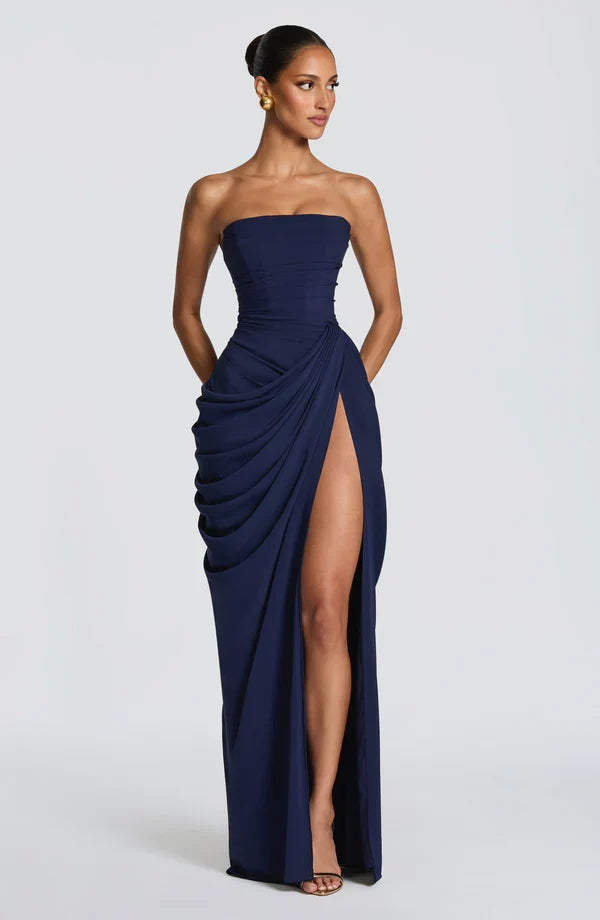 Vielseitiges trägerloses Damen Maxikleid, Korsett-Oberteil, Schnürung & Beinschlitz.