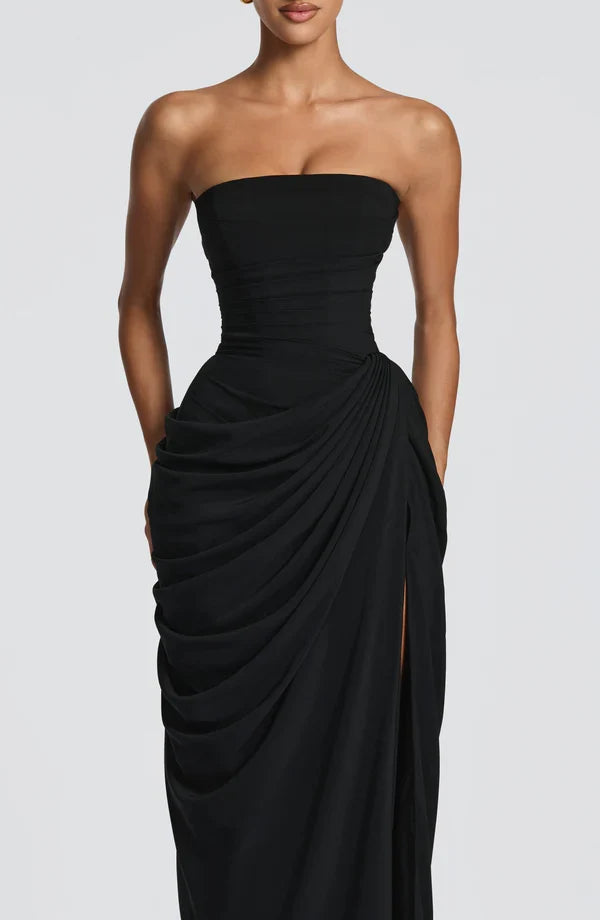 Damen trägerloses Abendkleid mit Korsett-Mieder, Schnürung & fließendem Rock, Seitenansicht.