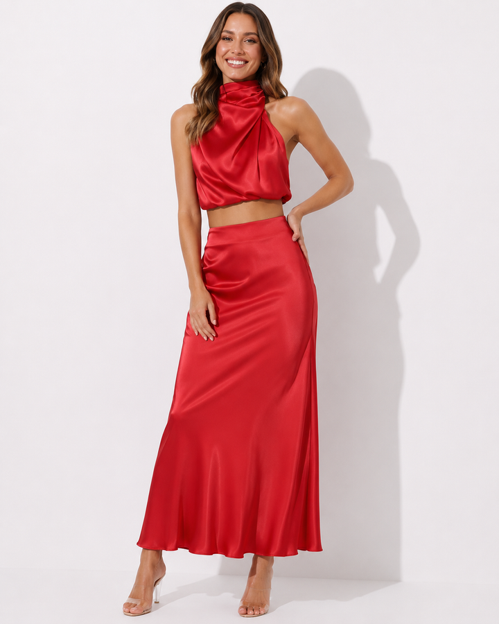 Vielseitiges Damen Kleid Set, zweiteilig, elegant für Abendmode oder stilvolle Freizeit-Looks.