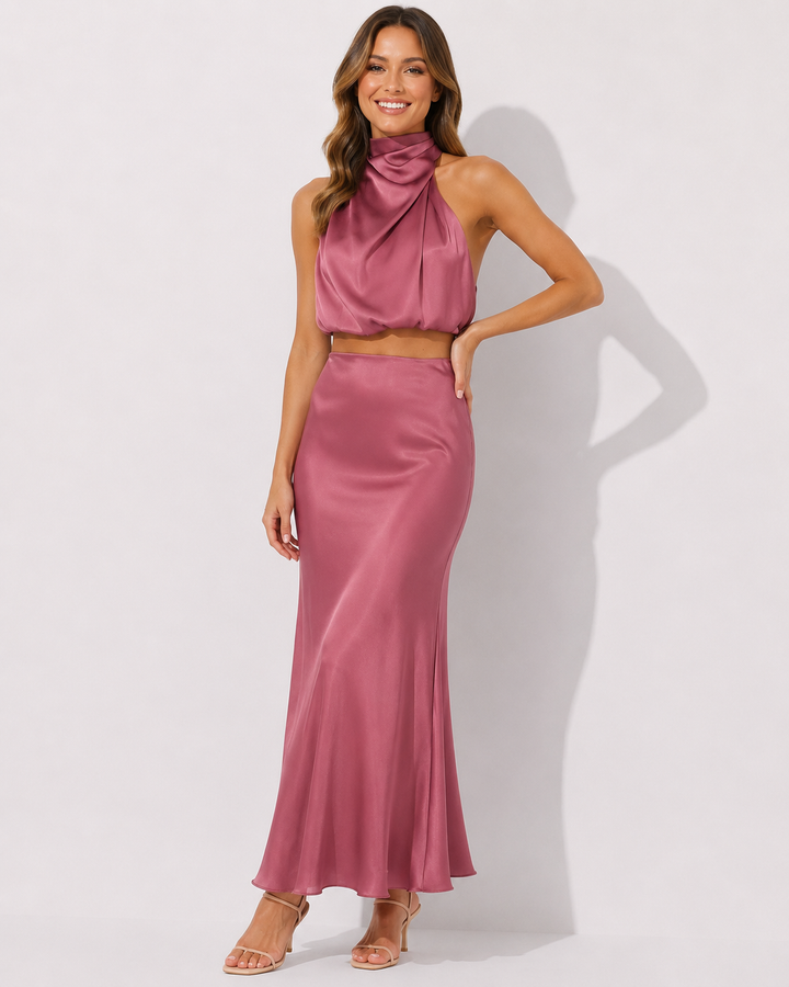 Damen langes Zweiteiler Kleid Set in elegantem Design, perfekt für stilvolle Auftritte.