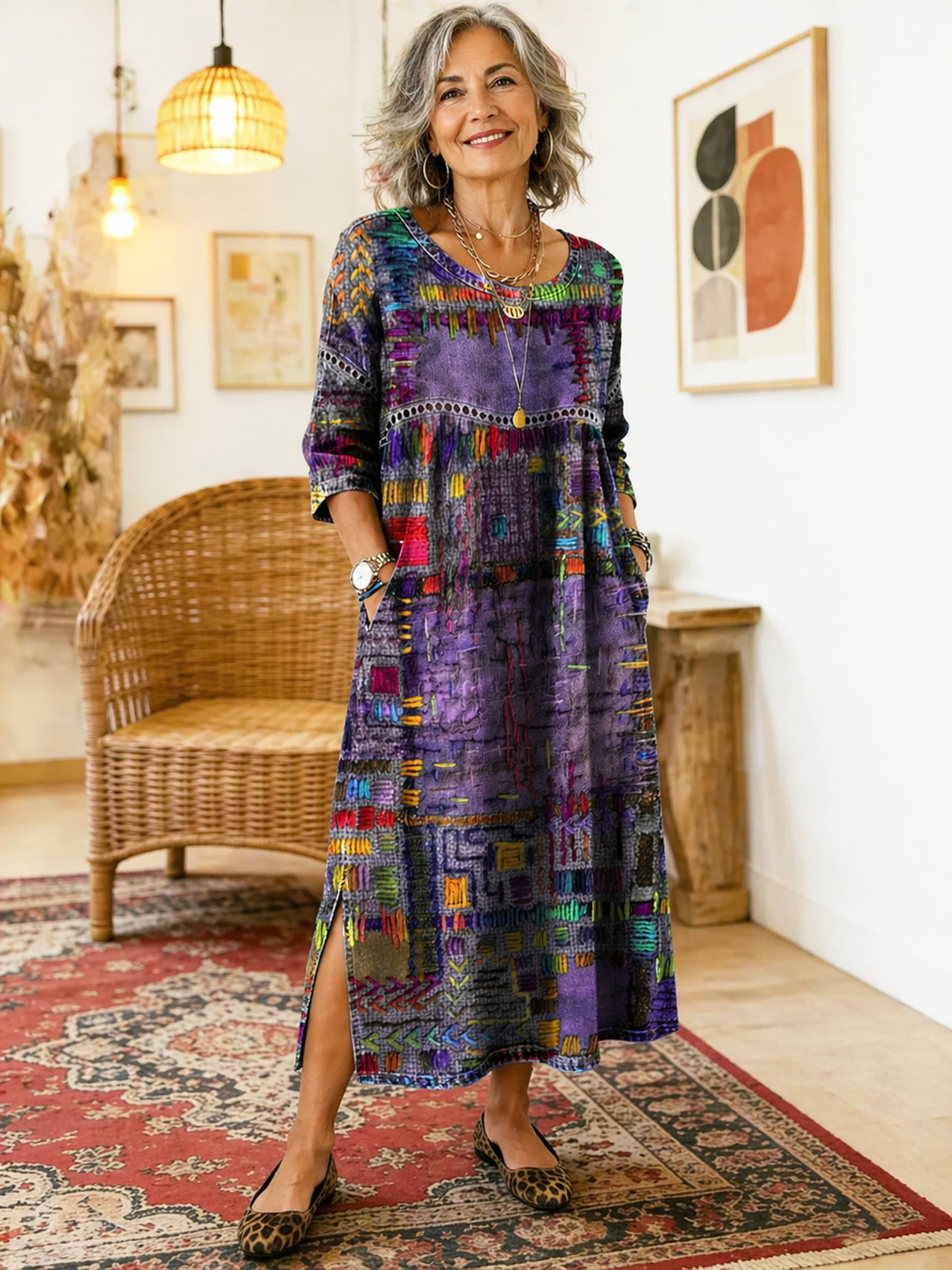 Elegantes Damen Abendkleid im Ethno-Patchwork-Stil für stilvolle Herbstabende, mit Mustern.
