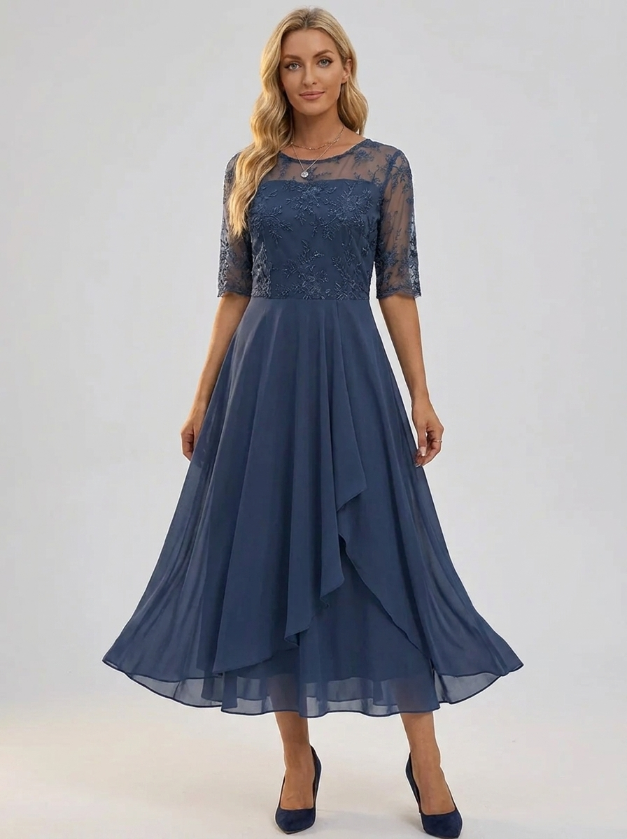 Elegantes Damen Spitzenkleid für Hochzeitsgäste und festliche Anlässe. A-Linie, knielang.