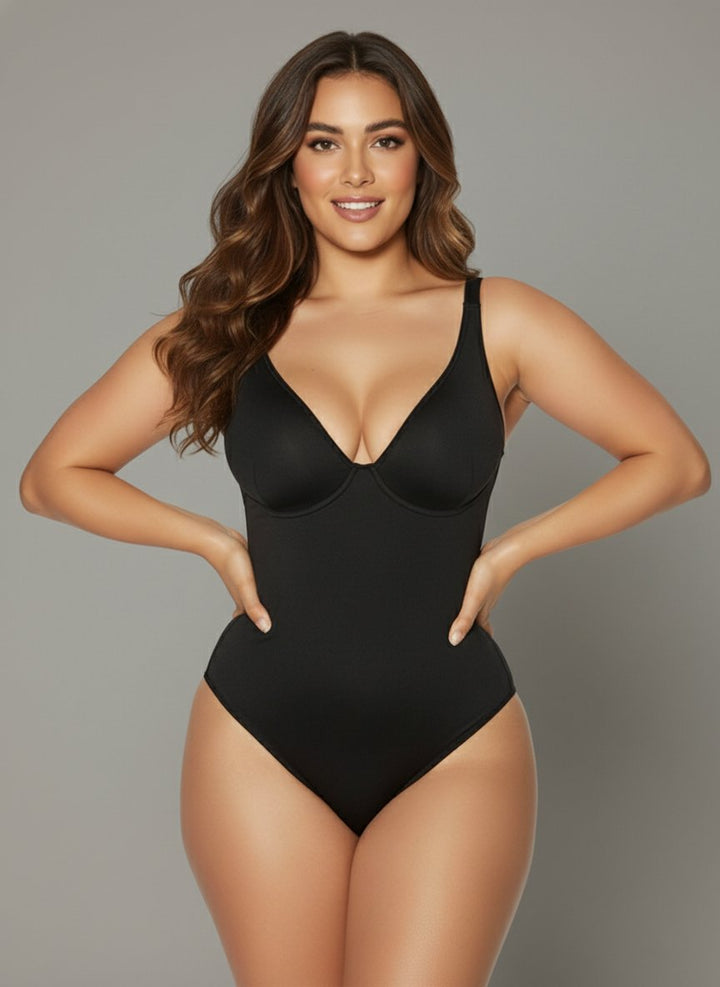 Schwarzer Damen Shaping Bodysuit, nahtlos, V-Ausschnitt, Push-up, ideal für eine elegante Figur.