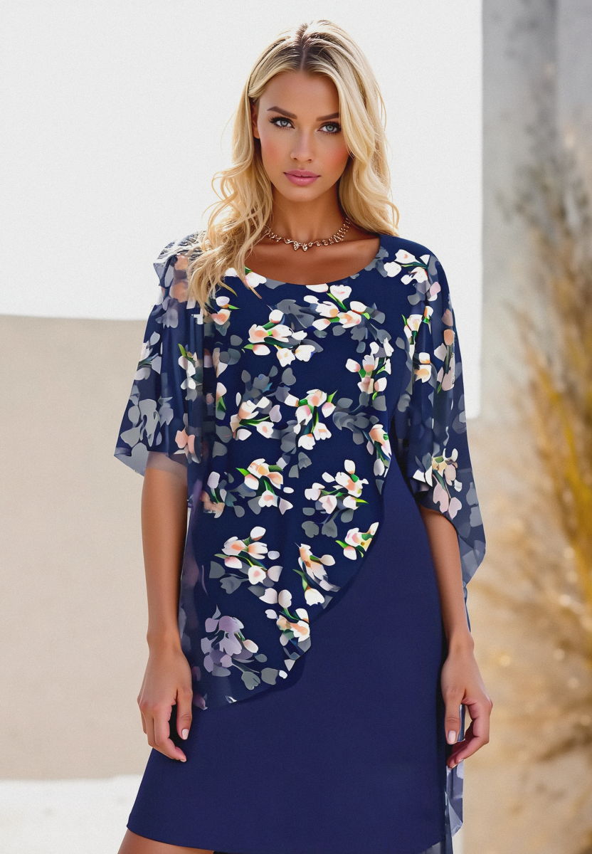 Elegantes Damen Capekleid mit Blumenmuster, ideal als festliches Sommerkleid für Gäste.
