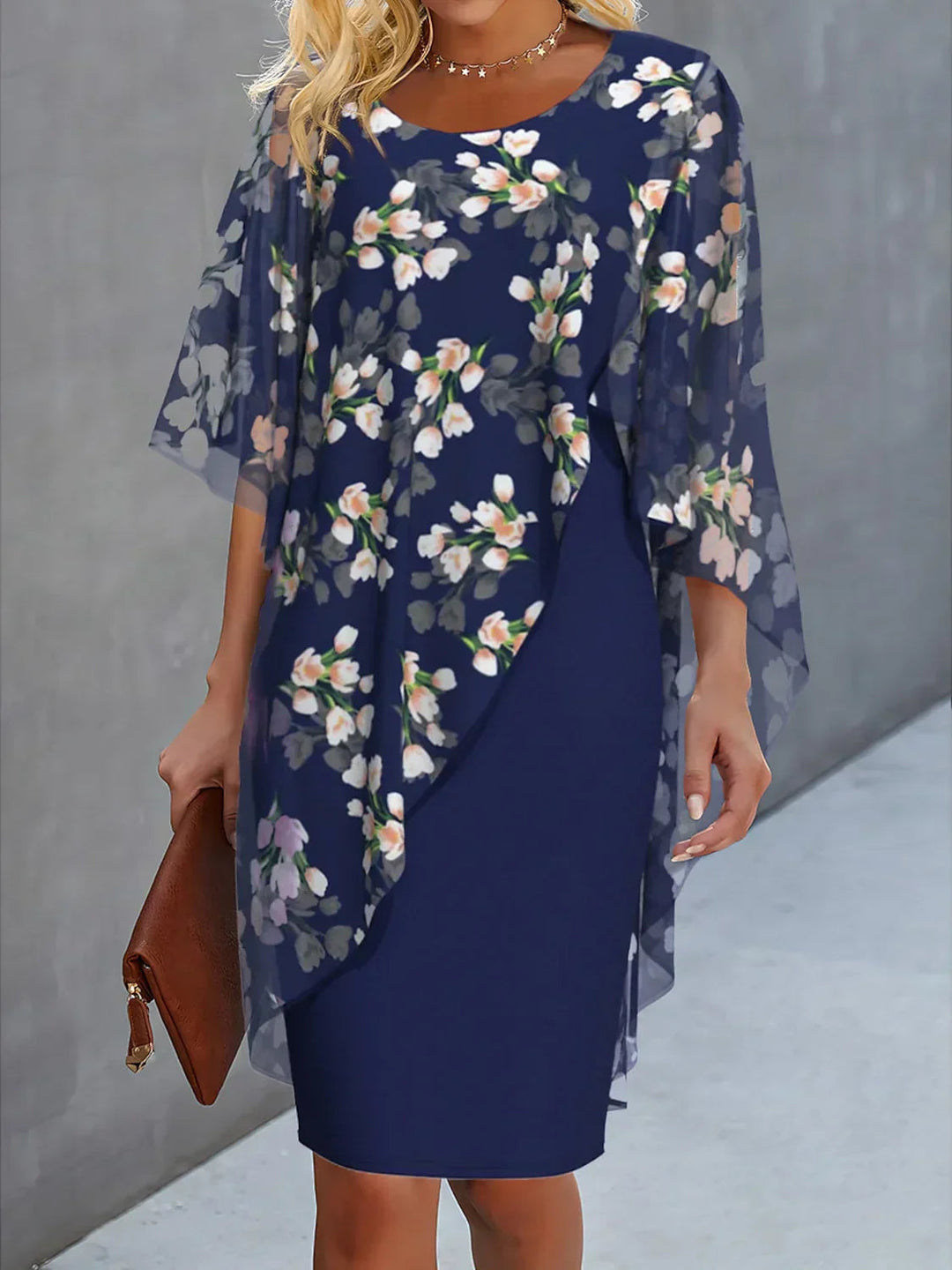 Damen florales Sommerkleid mit Cape, elegantes Blumenmuster Abendkleid für festliche Anlässe.