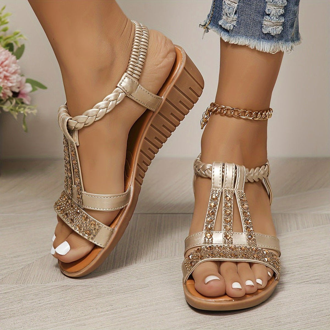 Elegante Glitzer-Sandalen für Damen, funkelnder Keilabsatz & Riemen für Sommer.