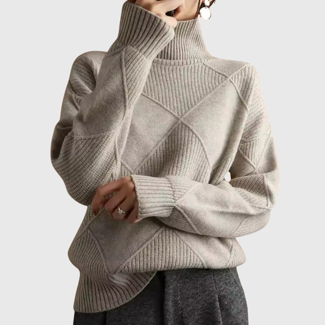 Stylisher Damenpullover mit Rollkragen und geometrischem Muster, warmer Strick für Herbst-Winter-Kollektion.
