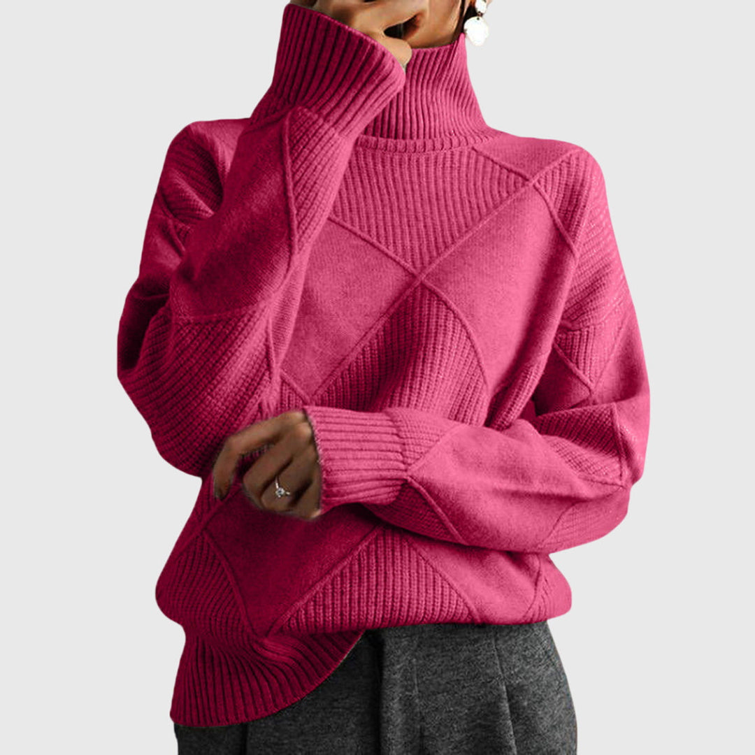Vielseitiger Damen-Strickpullover mit geometrischem Muster & Rollkragen, ideal für diverse Looks.