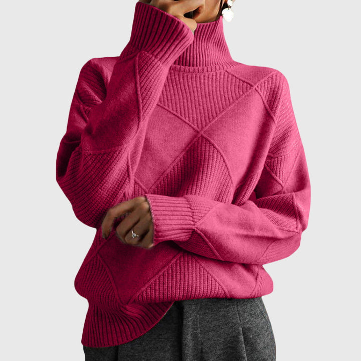 Vielseitiger Damen-Strickpullover mit geometrischem Muster & Rollkragen, ideal für diverse Looks.