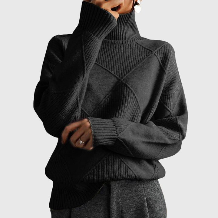 Damen Rollkragenpullover mit geometrischem Muster, elegantem Strick und schlankem Schnitt für Herbst & Winter.