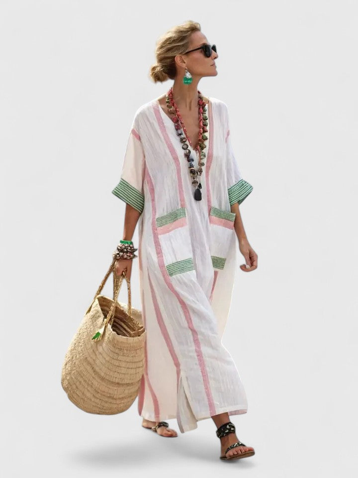 Damen gestreiftes Oversized Kaftankleid mit V-Ausschnitt. Elegantes, langes Maxikleid für Sommer & Freizeit.