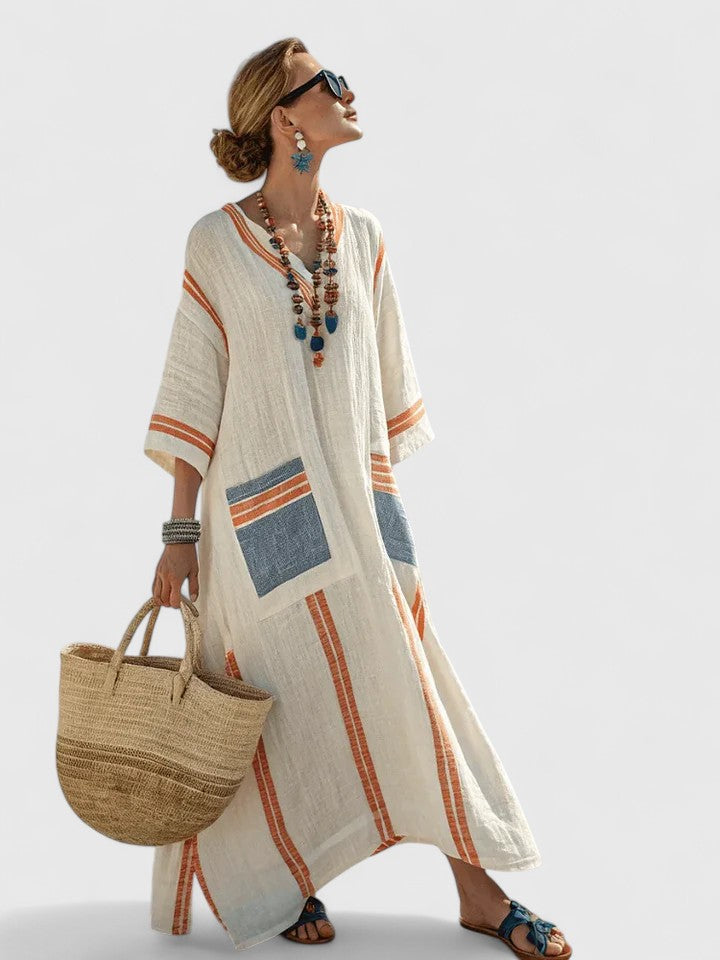Komfortables Damen Maxikleid, gestreift, mit V-Ausschnitt. Perfektes Oversized Kaftankleid für Strand & Urlaub.