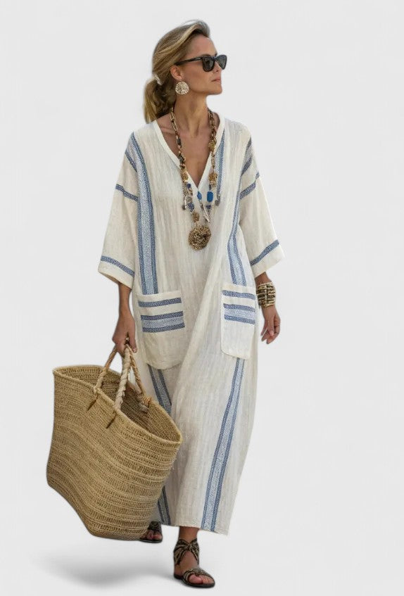 Elegantes Damen Oversized Maxikleid mit V-Ausschnitt. Gestreiftes Sommer-Kaftankleid für stilvolle Freizeitlooks.