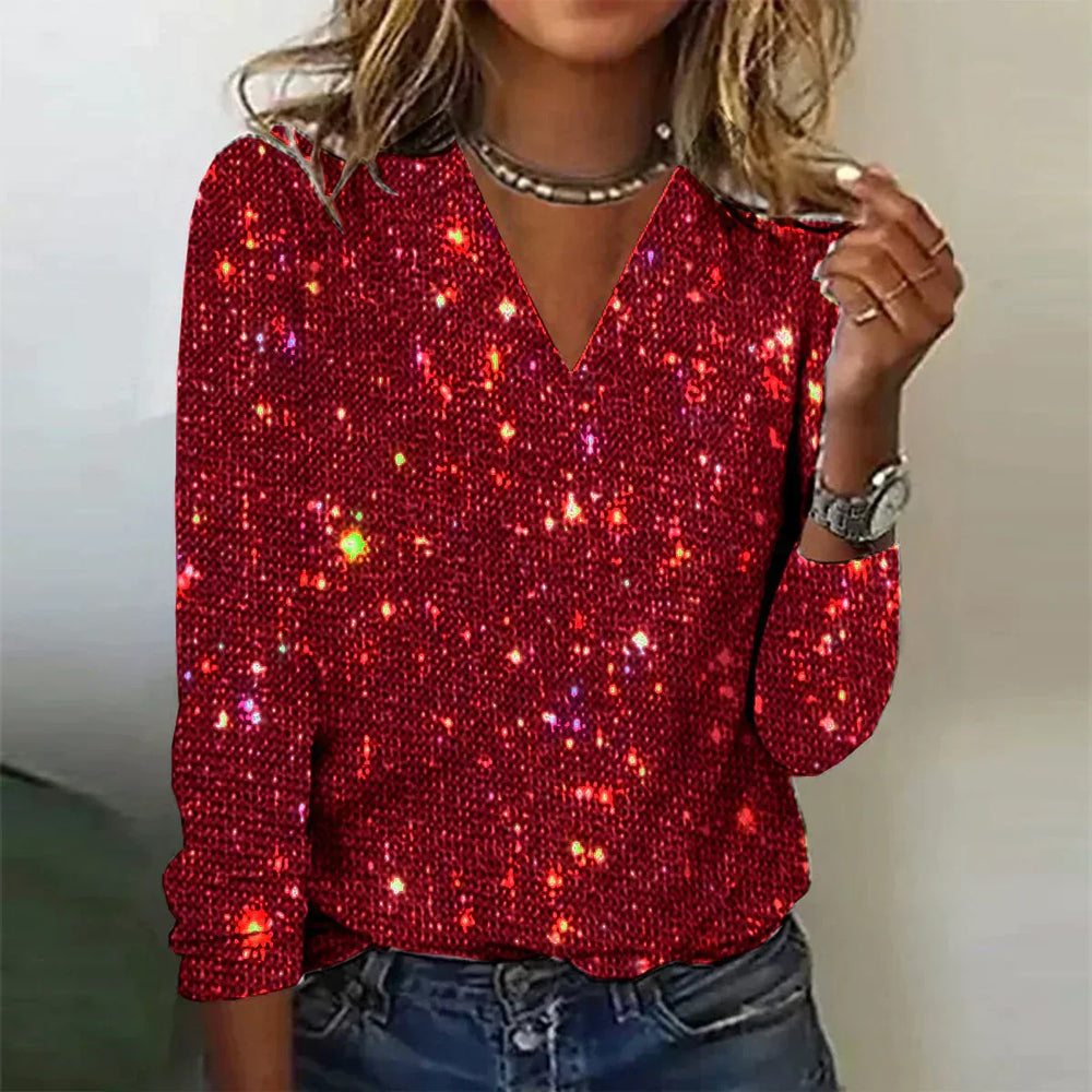 Eleganter Damen Glitzer Pullover in Rot mit V-Ausschnitt & schimmernden Pailletten, perfekt für Weihnachten.