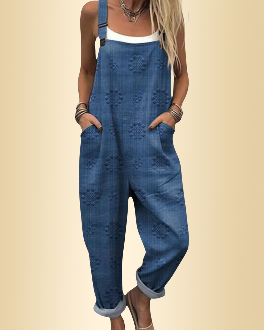Damen Jumpsuit mit lockerer Passform, weitem Bein und praktischen Taschen für alltäglichen Komfort.
