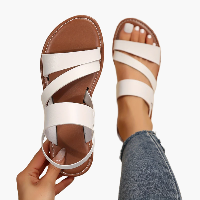 Stilvolle Damen Komfort-Sandalen, weiße Kreuzriemen, flache Sohle, atmungsaktive Freizeitschuhe.