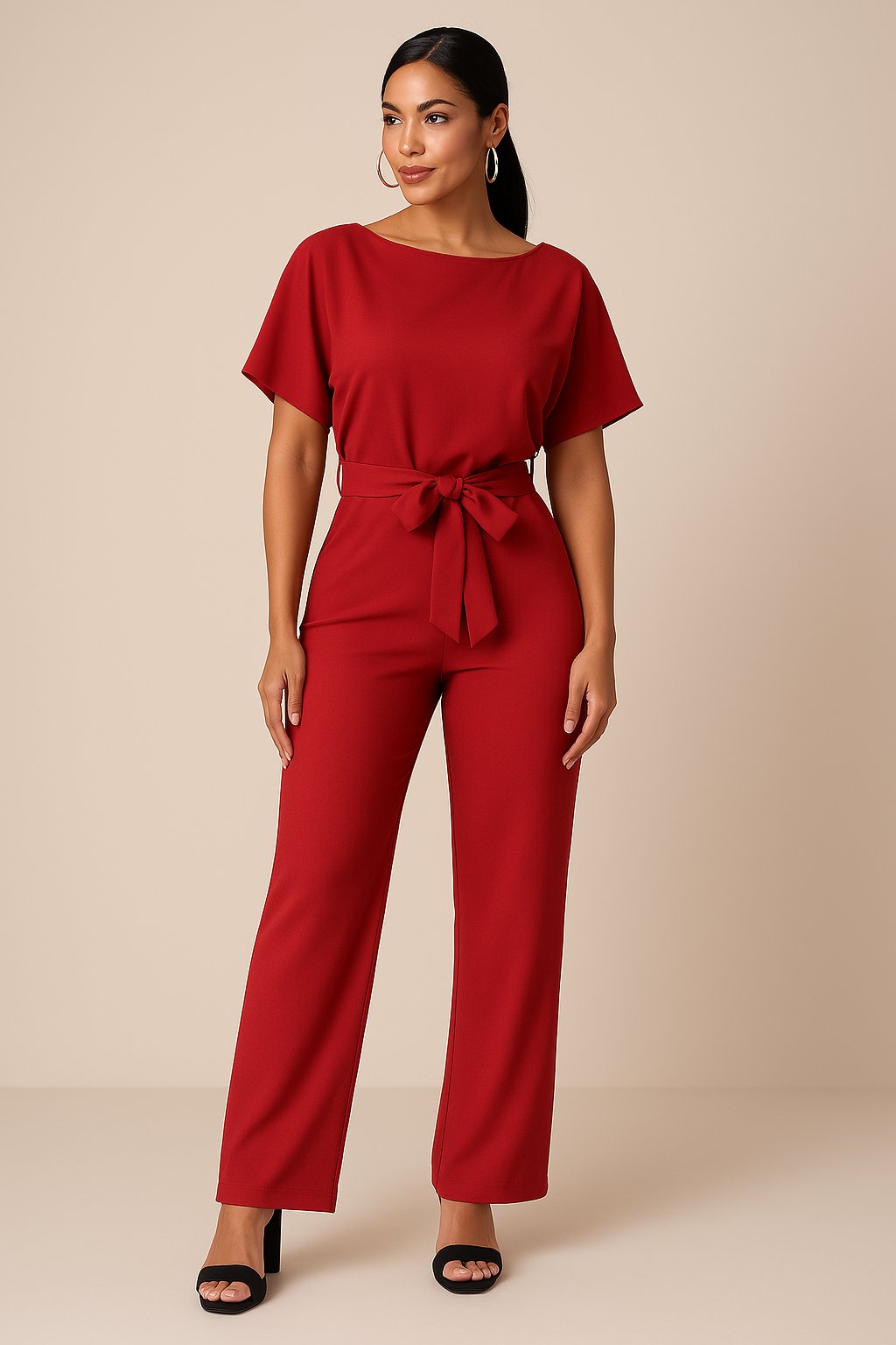 Damen Jumpsuit mit weitem Bein und Bindegürtel. Ein bequemer Einteiler für Sommer und Freizeitlooks.