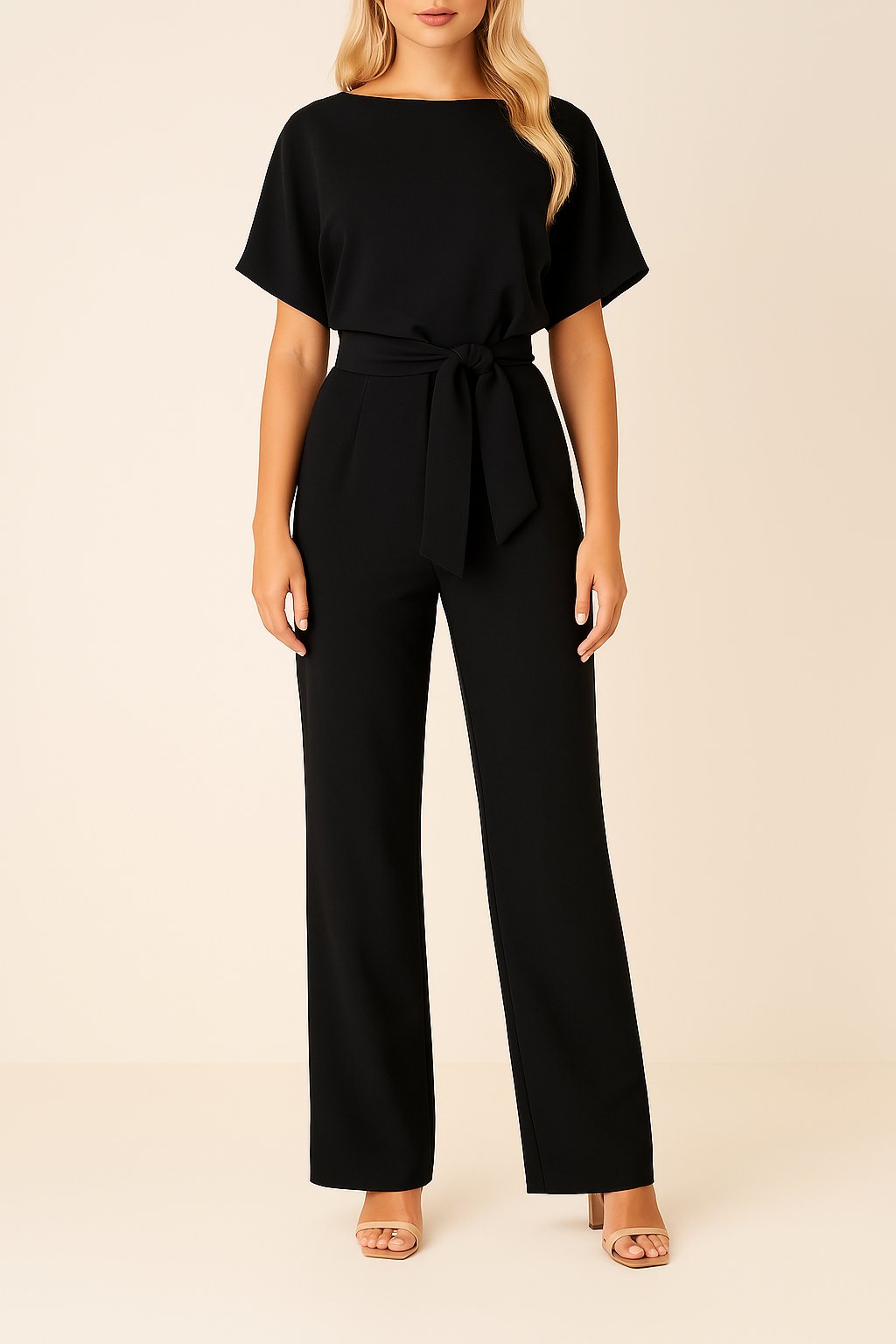 Damen Kurzarm Jumpsuit mit Bindegürtel & weitem Bein. Eleganter, komfortabler Overall für den Sommer.
