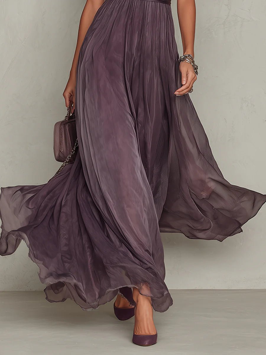 Feminin elegantes lila Damen Maxikleid für den Sommer, mit Puffärmeln und stylischem Schlüsselloch-Ausschnitt.