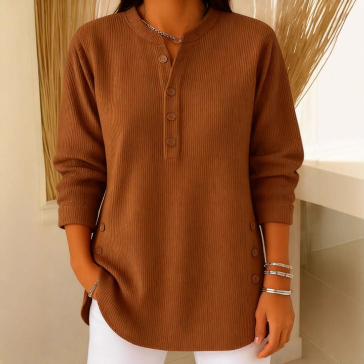 Klassische Damen Tunika Langarm, locker geschnitten, mit dezenter Knopfleiste für Damenmode.