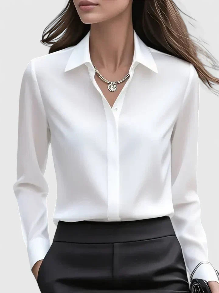 Zeitloses Damen Langarmtop, Business-Bluse, mit verdeckter Knopfleiste & modischem abgerundetem Saum.