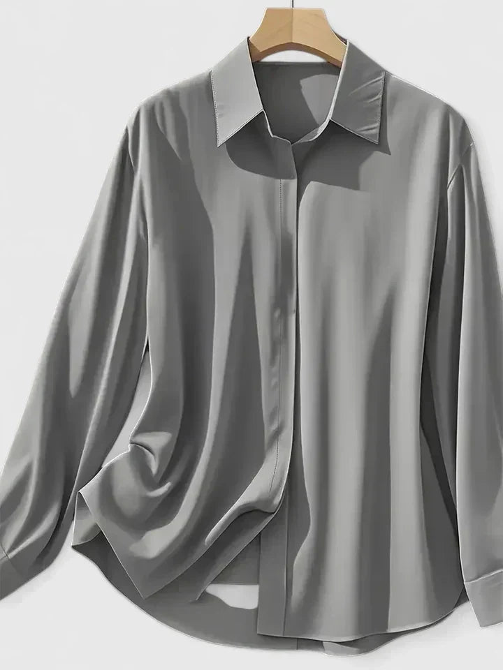 Elegantes Damen Langarmtop, unifarben, perfekt für Winter, mit verdeckter Knopfleiste und abgerundetem Saum.