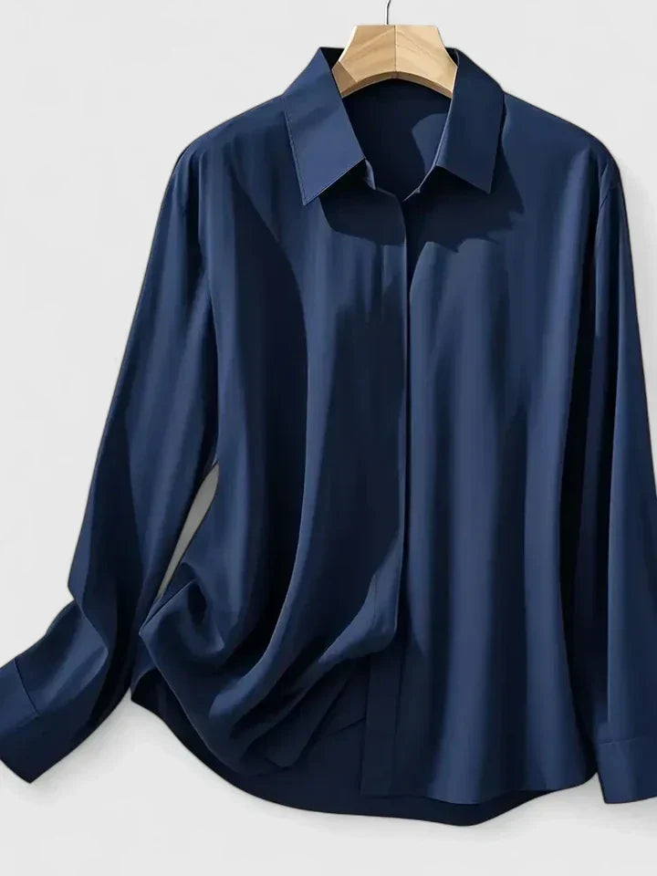 Vielseitiges Damen Shirt Langarm, unifarben, ideal für Büro und legere Anlässe, mit verdeckter Knopfleiste.