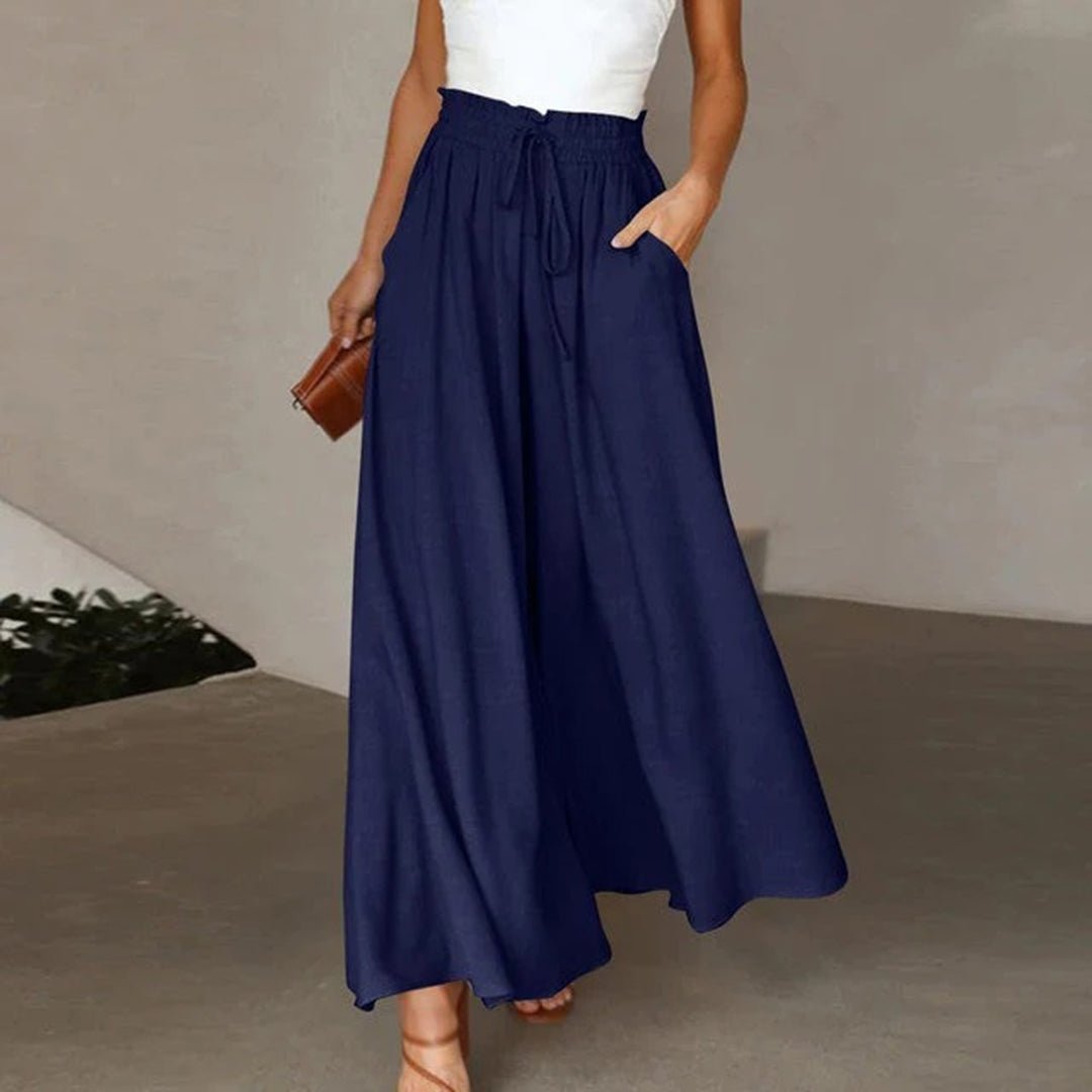 Elegante Damen Hose mit weitem Bein und hohem Bund in Dunkelblau, perfekt für Business Casual.