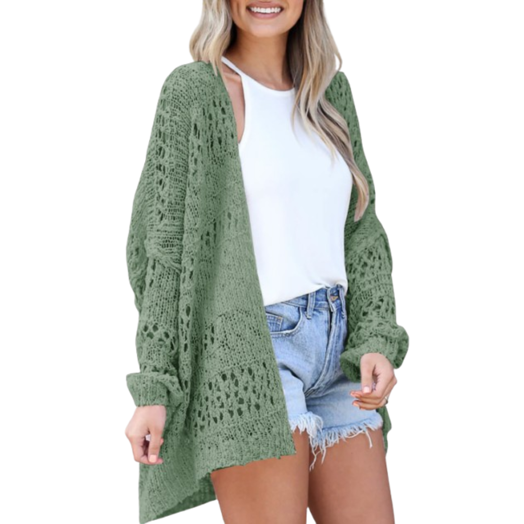 Vielseitiger Damen Strickpullover im Boho-Stil. Leichter Herbst-Cardigan, offener Schnitt, ideal für verschiedene Anlässe.