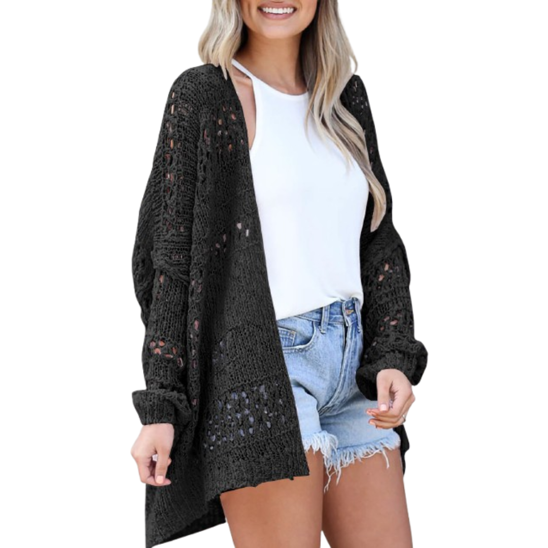 Modische Damen Strickjacke im Boho-Stil. Locker fallend, ideal für Lagenlooks im Herbst. Leichter Casual Chic Cardigan.