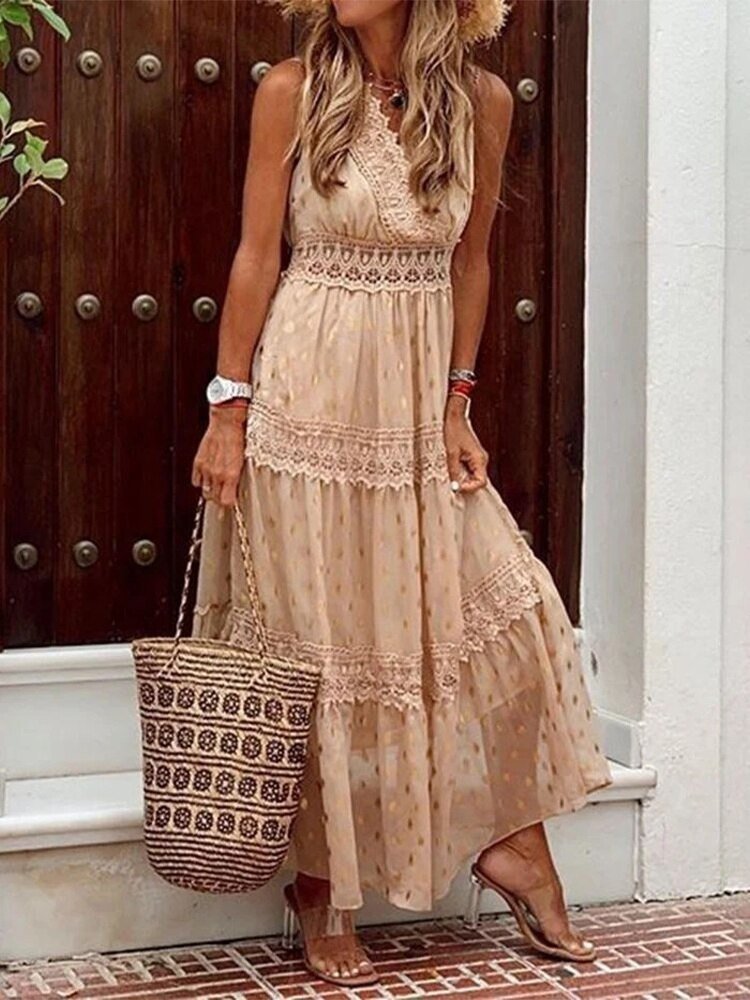 Damen luftiges Boho-Maxikleid für Hochzeitsgäste, elegantes Sommerkleid, fließend und festlich.