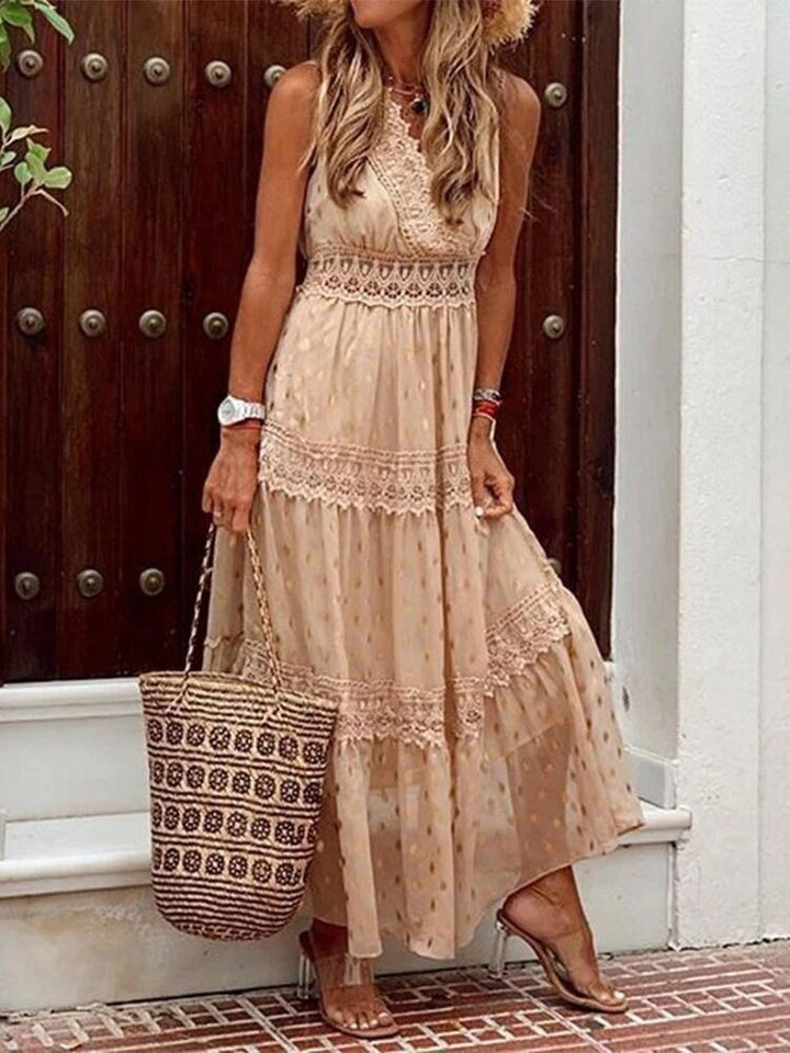 Damen luftiges Boho-Maxikleid für Hochzeitsgäste, elegantes Sommerkleid, fließend und festlich.