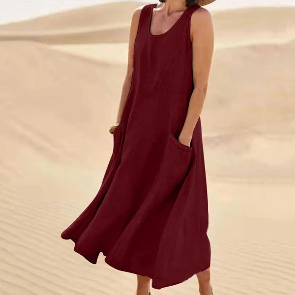 Damen Sommer-Midikleid mit praktischen Taschen, A-Linie, Kurzarm. Bequemes Frühlingskleid für jede Gelegenheit.